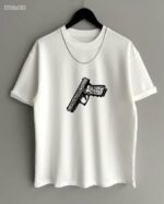 Мужская Базовая Белая Футболка Хлопок - Свободного Кроя с Принтом Пистолет