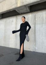 Женский Трикотажный Черный Костюм Двойка - Укороченная Кофта + Юбка Миди с Разрезом