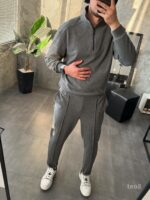 Мужской Темно-Серый Костюм на Весну Осень - Кофта с Высокой Горловиной на Замке + Штаны со Стрелками
