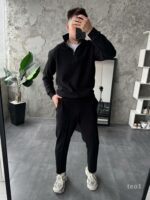 Мужской Черный Костюм на Весну Осень - Кофта с Высокой Горловиной на Замке + Штаны со Стрелками