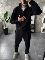 Мужской Черный Костюм на Весну Осень - Кофта с Высокой Горловиной на Замке + Штаны со Стрелками