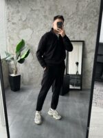 Мужской Черный Костюм на Весну Осень - Кофта с Высокой Горловиной на Замке + Штаны со Стрелками