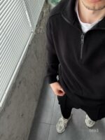 Мужской Черный Костюм на Весну Осень - Кофта с Высокой Горловиной на Замке + Штаны со Стрелками