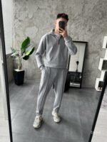 Мужской Серый Костюм на Весну Осень - Кофта с Высокой Горловиной на Замке + Штаны со Стрелками
