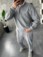 Мужской Серый Костюм на Весну Осень - Кофта с Высокой Горловиной на Замке + Штаны со Стрелками