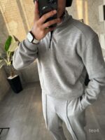 Мужской Серый Костюм на Весну Осень - Кофта с Высокой Горловиной на Замке + Штаны со Стрелками
