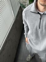 Мужской Серый Костюм на Весну Осень - Кофта с Высокой Горловиной на Замке + Штаны со Стрелками