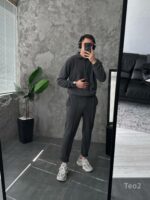 Мужской Графитовый Костюм на Весну Осень - Кофта с Высокой Горловиной на Замке + Штаны со Стрелками