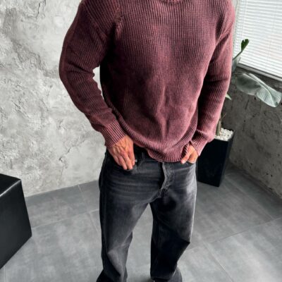 Мужской Вязаный Рваный Бордовый Свитер Варенка Свободного Кроя