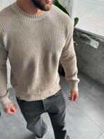Мужской Вязаный Рваный Бежевый Свитер Варенка Свободного Кроя