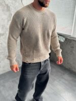 Мужской Вязаный Рваный Бежевый Свитер Варенка Свободного Кроя