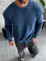 Мужской Вязаный Рваный Синий Свитер Варенка Свободного Кроя