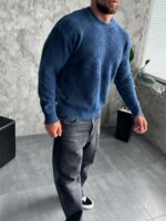 Мужской Вязаный Рваный Синий Свитер Варенка Свободного Кроя