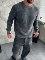 Мужской Вязаный Рваный Графитовый Свитер Варенка Свободного Кроя