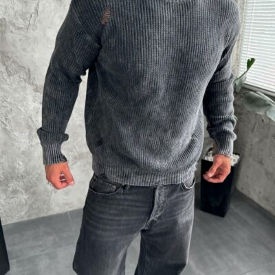 Мужской Вязаный Рваный Графитовый Свитер Варенка Свободного Кроя