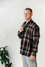 Мужская Хлопковая Клетчатая Коричневая Рубашка Оверсайз