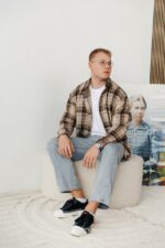 Мужская Хлопковая Клетчатая Бежевая Рубашка Оверсайз