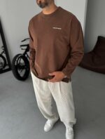 Мужской Хлопковый Вареный Коричневый Лонгслив Оверсайз