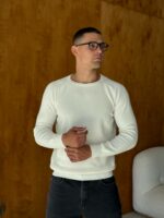 Мужской Базовый Белый Свитер с Круглым Вырезом Горловины
