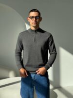 Мужской Классический Графитовый Свитер с Высокой Горловиной на Замке