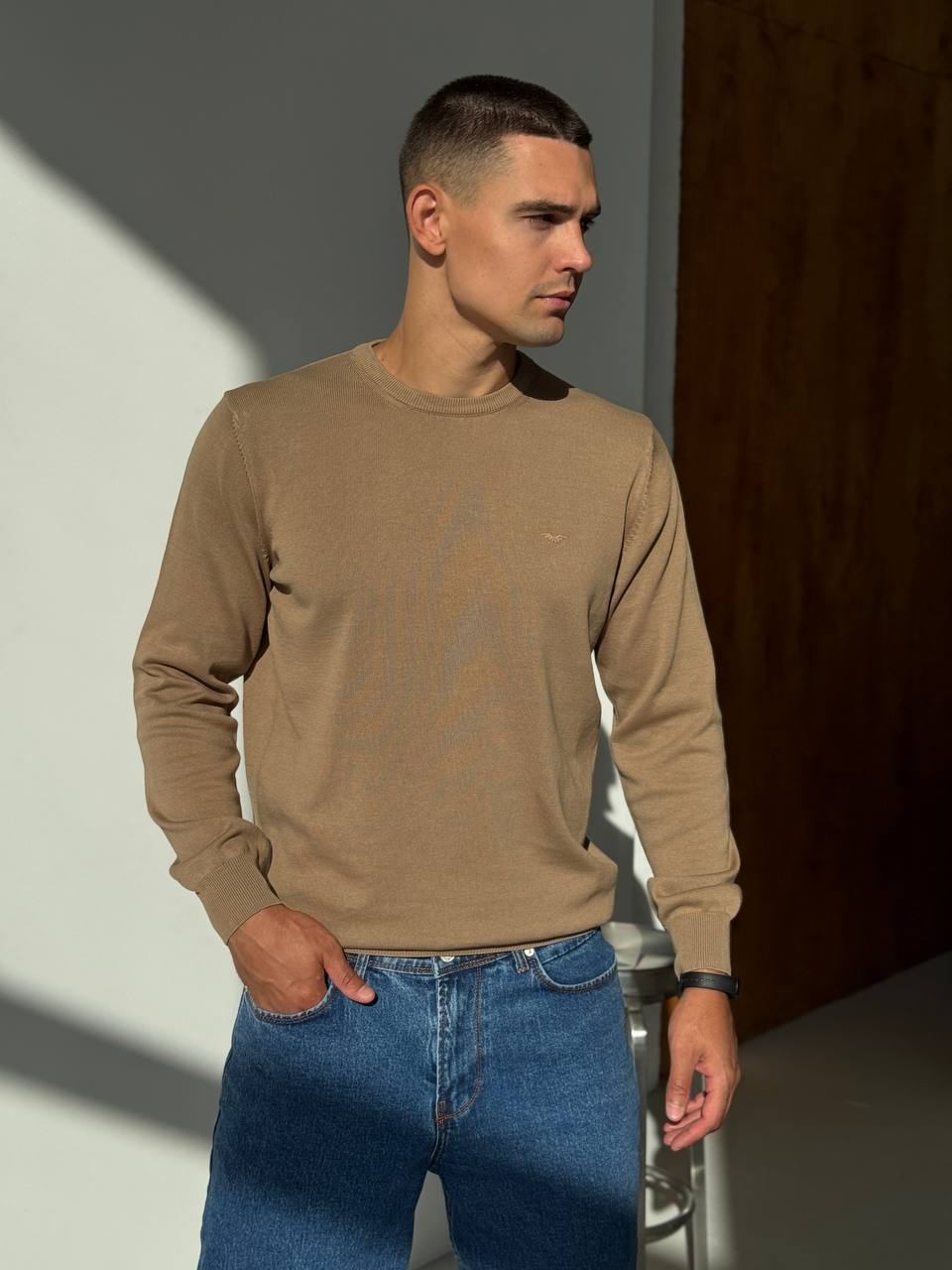 photo_2025-09-11_10-24-44 Мужской Классический Свитер Мокко с Круглым Вырезом и Маленькой Вышивкой