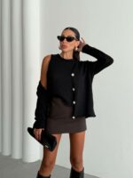 Женский Базовый Трикотажный Черный Кардиган на Пуговицах + Топ