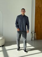 Мужская Хлопковая Клетчатая Графитовая Рубашка База