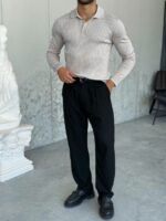 Мужской Классический Серый Свитер Поло в Широкий Рубчик