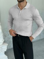 Мужской Классический Серый Свитер Поло в Широкий Рубчик
