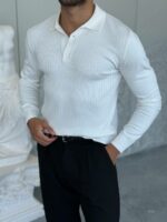 Мужской Классический Белый Свитер Поло в Широкий Рубчик