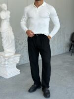 Мужской Классический Белый Свитер Поло в Широкий Рубчик