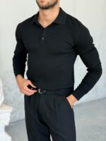 Мужской Классический Черный Свитер Поло в Широкий Рубчик