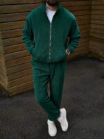 Мужской Вельветовый Зеленый Костюм - Бомбер на Молнии + Широкие Штаны