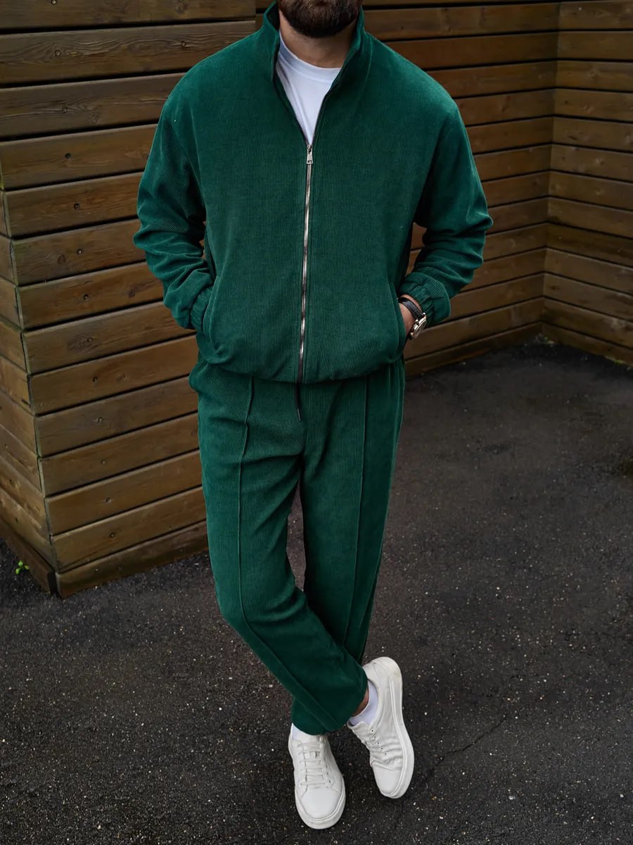 photo_2025-09-13_12-15-23 Мужской Вельветовый Зеленый Костюм - Бомбер на Молнии + Широкие Штаны
