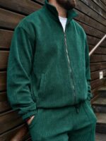 Мужской Вельветовый Зеленый Костюм - Бомбер на Молнии + Широкие Штаны