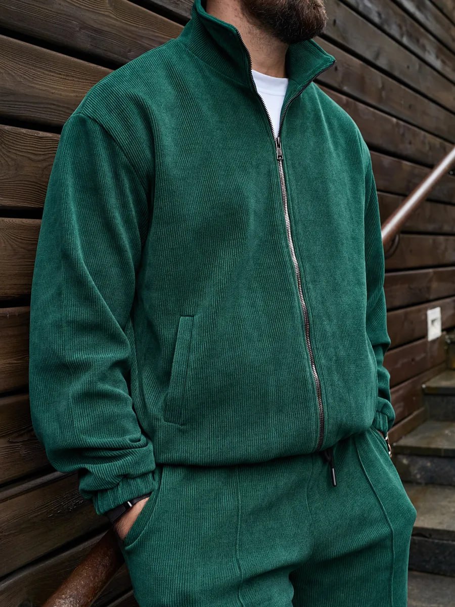 photo_2025-09-13_12-15-24 (2) Мужской Вельветовый Зеленый Костюм - Бомбер на Молнии + Широкие Штаны