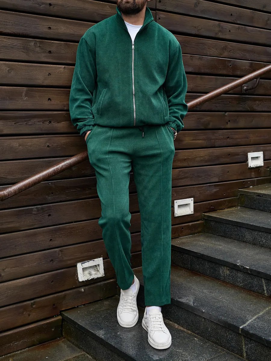 photo_2025-09-13_12-15-24 Мужской Вельветовый Зеленый Костюм - Бомбер на Молнии + Широкие Штаны