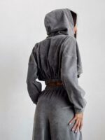 Женский Свободный Велюровый Серый Костюм - Укороченная Зип Кофта + Широкие Штаны на Затяжках