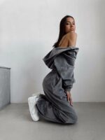 Женский Свободный Велюровый Серый Костюм - Укороченная Зип Кофта + Широкие Штаны на Затяжках