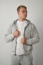 Мужское Утепленное Серое Зип Худи Оверсайз Варенка на Флисе
