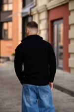 Мужской Теплый Черный Свитер Оверсайз с Высокой Горловиной на Замке и Рельефным Узором Косичка