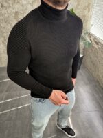 Мужской Черный Свитер с Высокой Двойной Горловиной и Ребрами на Рукавах