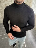 Мужской Черный Свитер с Высокой Двойной Горловиной и Ребрами на Рукавах