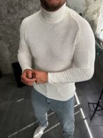 Мужской Белый Свитер с Высокой Двойной Горловиной и Ребрами на Рукавах