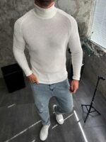 Мужской Белый Свитер с Высокой Двойной Горловиной и Ребрами на Рукавах
