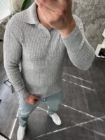 Мужской Базовый Серый Свитер в Рубчик - Кофта с Воротником Поло