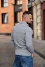 Мужской Базовый Серый Свитер в Рубчик - Кофта с Воротником Поло