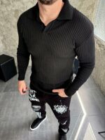Мужской Базовый Черный Свитер в Рубчик - Кофта с Воротником Поло