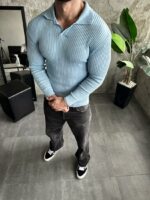 Мужской Базовый Голубой Свитер в Рубчик - Кофта с Воротником Поло