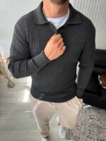 Мужской Базовый Графитовый Свитер в Рубчик - Кофта с Воротником Поло